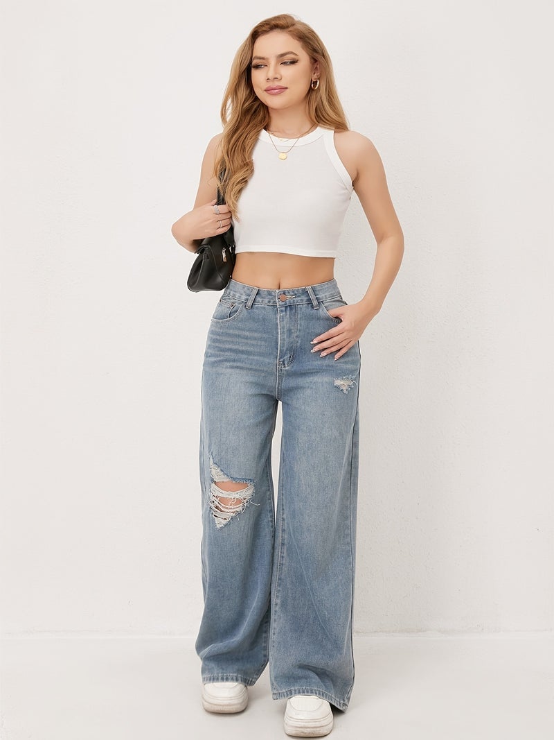 1pc ' High-Waisted Wide-Leg Non-Stretch Pants - Full-Length Loose Fit Washed Casual Cowgirl Jeans Suitable for All-Season Wear, Machine Washable & Everyday Outfits - Image 3