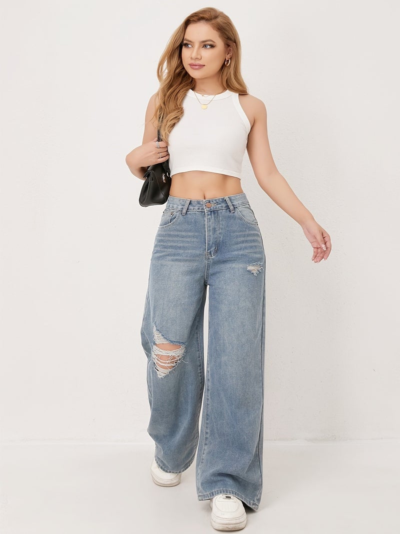1pc ' High-Waisted Wide-Leg Non-Stretch Pants - Full-Length Loose Fit Washed Casual Cowgirl Jeans Suitable for All-Season Wear, Machine Washable & Everyday Outfits - Image 2