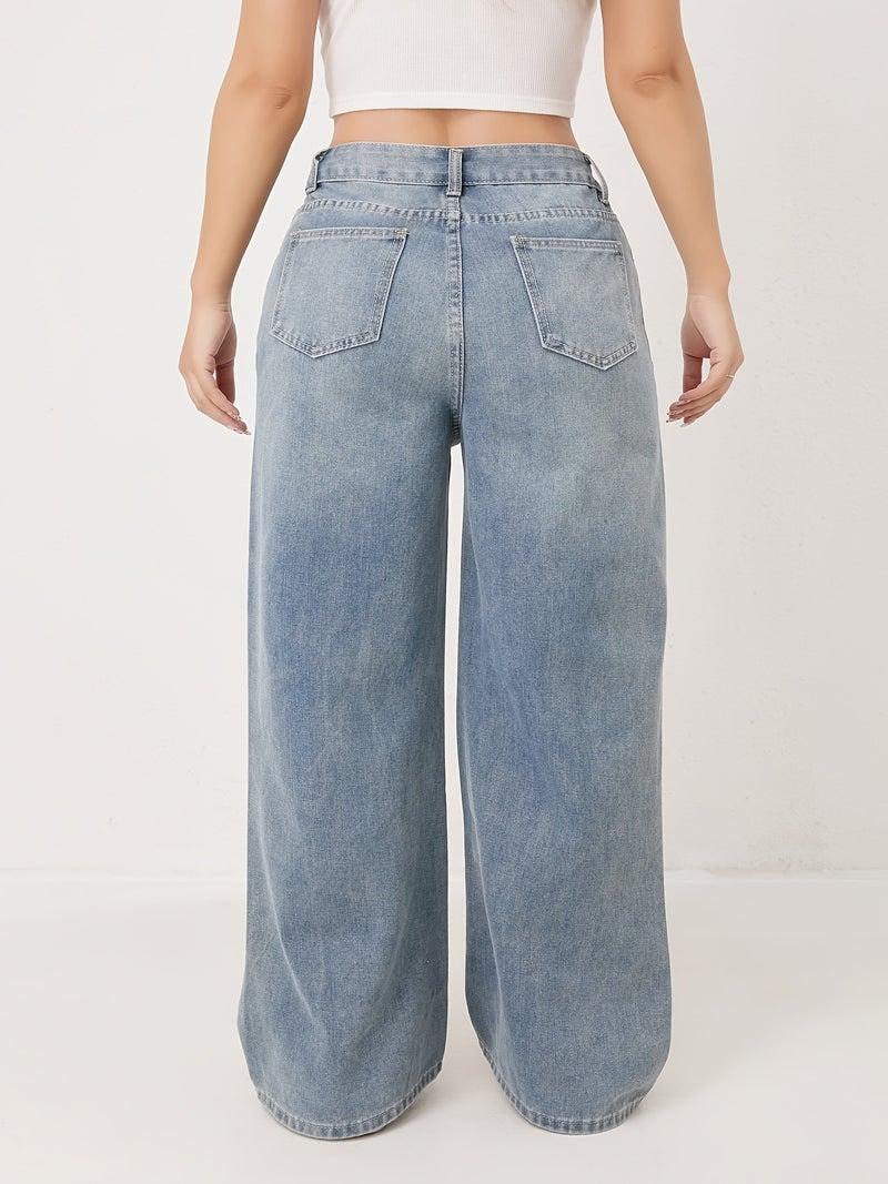 1pc ' High-Waisted Wide-Leg Non-Stretch Pants - Full-Length Loose Fit Washed Casual Cowgirl Jeans Suitable for All-Season Wear, Machine Washable & Everyday Outfits - Image 5