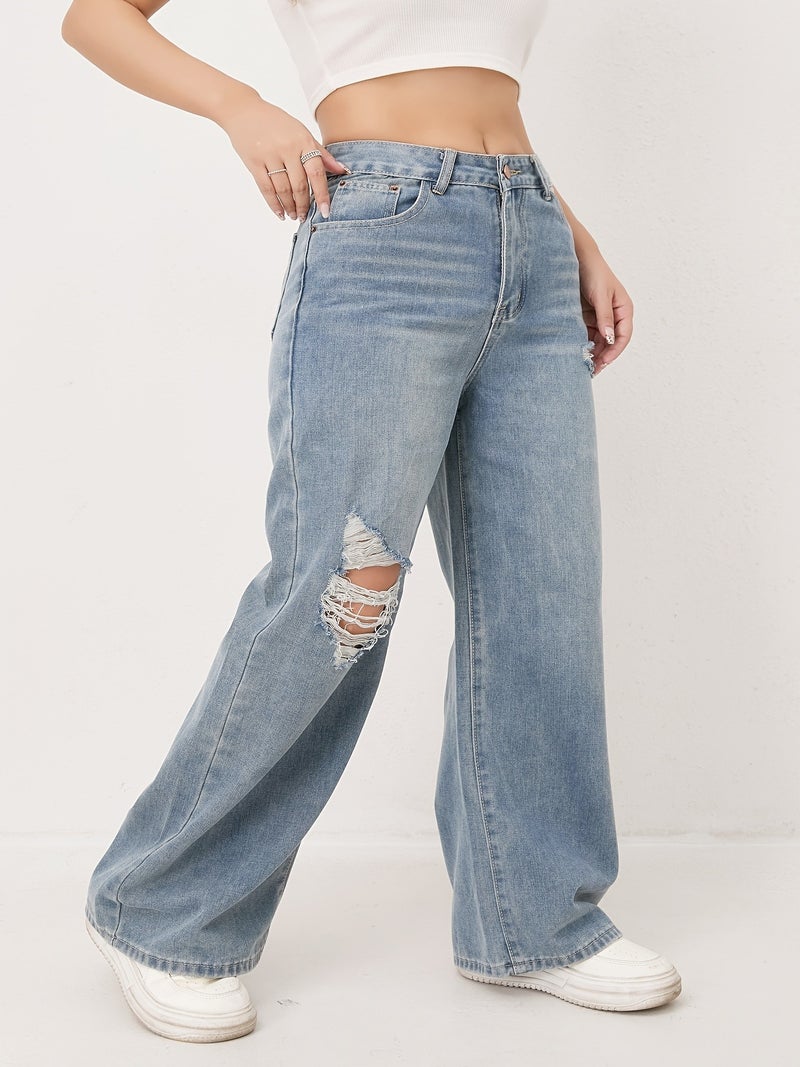 1pc ' High-Waisted Wide-Leg Non-Stretch Pants - Full-Length Loose Fit Washed Casual Cowgirl Jeans Suitable for All-Season Wear, Machine Washable & Everyday Outfits - Image 4