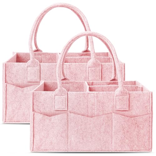 Cute Castle 2 Pack Diaper Caddy Organizer Portable Baby Caddy Organizer with Handle Nursery Storage Bin and Car Organizer for Girls Boys Baby Gift Basket Pink - Image 1