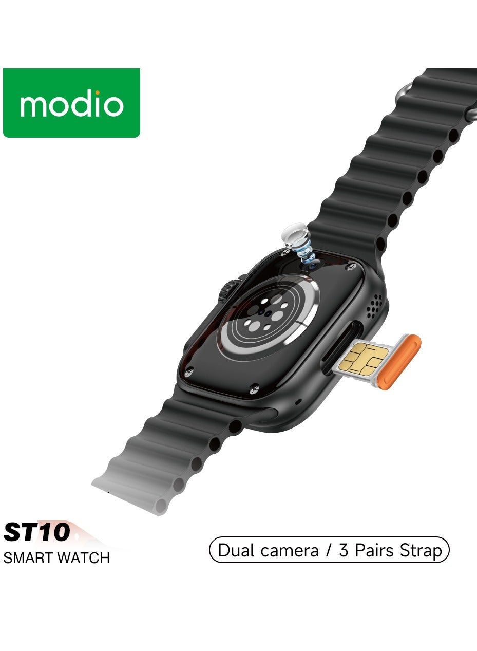 Modio ST10 Smartwatch with 2.2 Inch Display Dual Camera Sim Card Slot and 3 Pair Straps Designed for Ladies and Gents Black