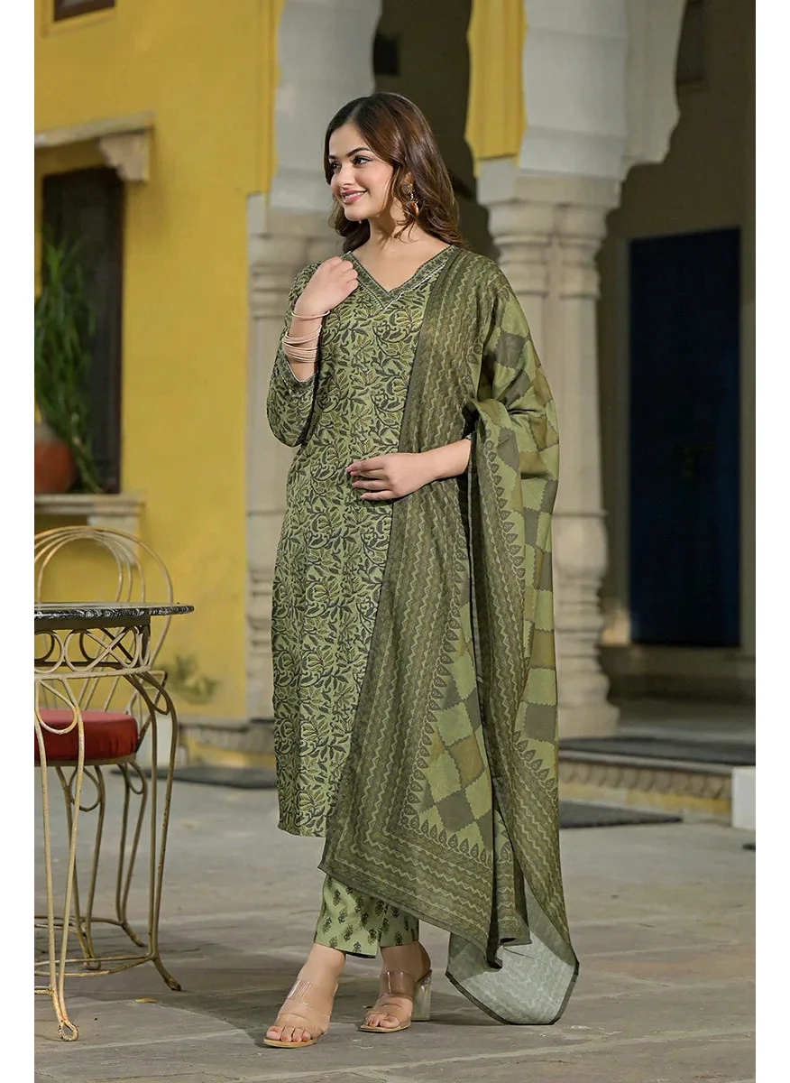 ZERESOUQ Green Cotton Blend Floral Printed Straight Suit Set