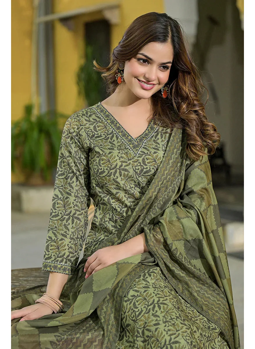 ZERESOUQ Green Cotton Blend Floral Printed Straight Suit Set