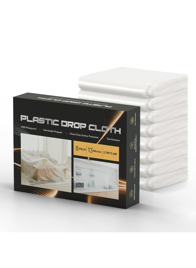 8 Pack 366 x 274 CM Extra Large Painters Plastic Drop Cloth Painting Sheet, Waterproof Dust-Proof Protective Masking Film, Paint Drop Cloth, Clear Plastic Sheet, Plastic Sheet Dust Cover for Furniture - Image 1