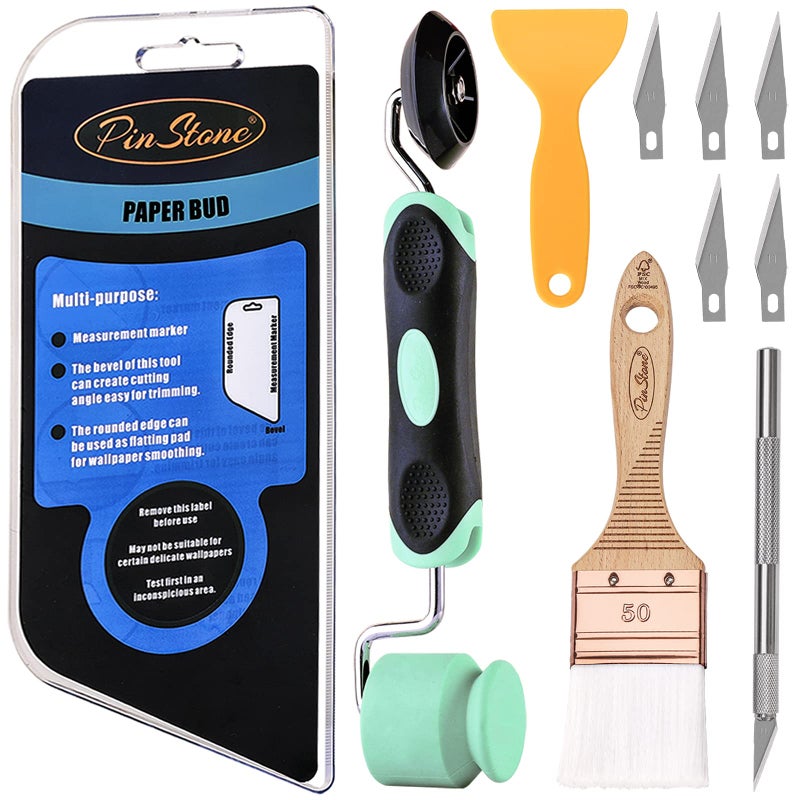 PinStone Wallpaper Smoothing Tools 10pcs Wallpaper Kit with Silicone Flat Corner Seam Roller Squeegee and Wallpaper Paste Brush for Smoothing Wall paper Peel and Stick Vinyl Application