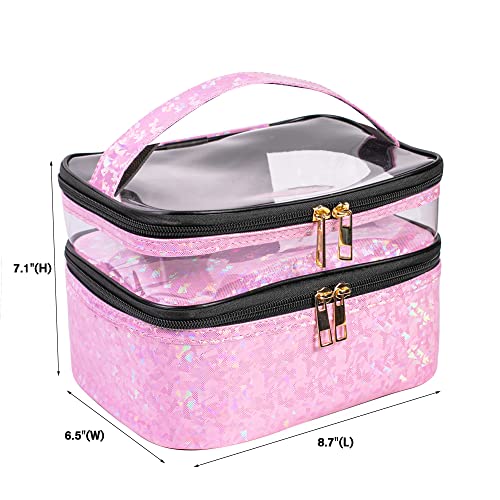 FITINI Makeup Bags Double Layer Travel Storage Cosmetic Cases Make-up Organizer Toiletry Bags Water-resistant for Women Makeup Brush Bag,Light Pink Holographic - Image 2