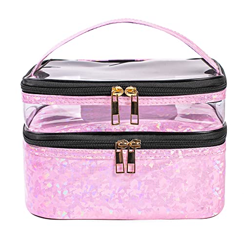 FITINI Makeup Bags Double Layer Travel Storage Cosmetic Cases Make-up Organizer Toiletry Bags Water-resistant for Women Makeup Brush Bag,Light Pink Holographic - Image 1