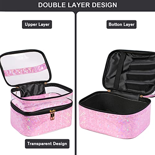 FITINI Makeup Bags Double Layer Travel Storage Cosmetic Cases Make-up Organizer Toiletry Bags Water-resistant for Women Makeup Brush Bag,Light Pink Holographic - Image 3