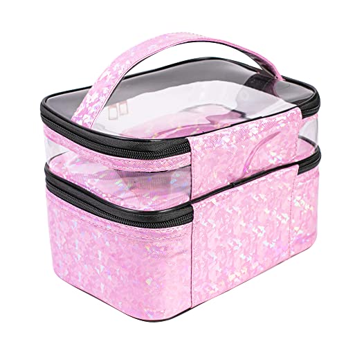 FITINI Makeup Bags Double Layer Travel Storage Cosmetic Cases Make-up Organizer Toiletry Bags Water-resistant for Women Makeup Brush Bag,Light Pink Holographic - Image 5