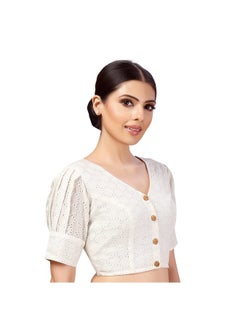 Studio Shringaar Studio Shringaar Women's Cotton Puff Sleeves Chikankan Embroidered Saree Blouse(White, 34)  - Image 4