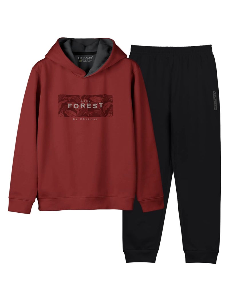 HELLCAT Printed Cotton Blend Full Sleeve Hoodie T-Shirt Jogger Trackpant Clothing Set for Boys Rust/Black 5-6 Years - Image 1