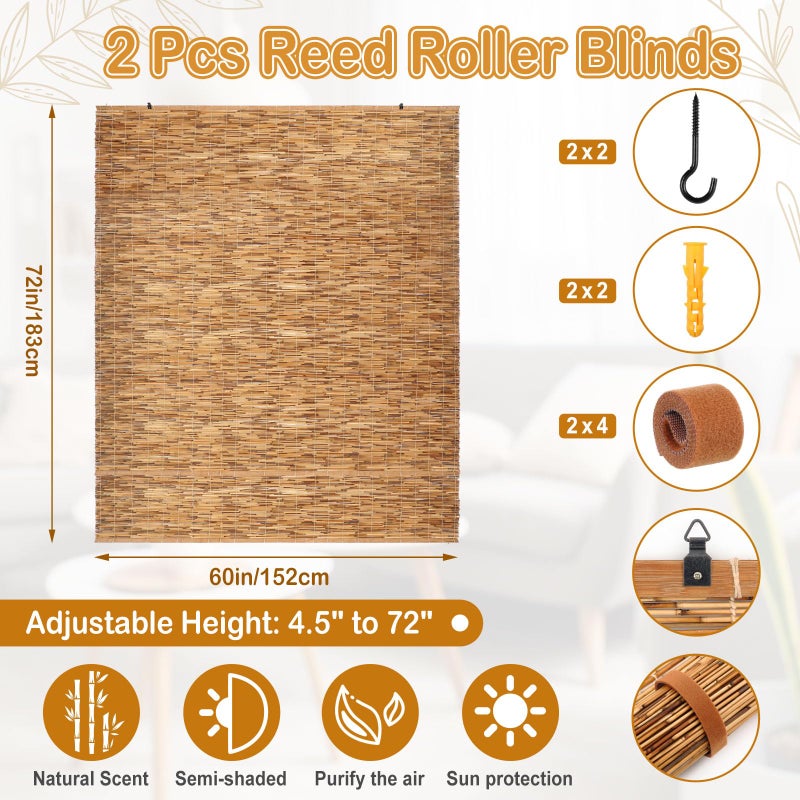 DoubleFill 2 Pcs Bamboo Shades Outdoor Reed Roll up Blinds 60 W x 72 H Blackout Sunshade Cordless Bamboo Blinds for Home Porch, Patio & Windows Decor Shutters Sunlight Privacy Screen(Carbon Brown) - Image 2