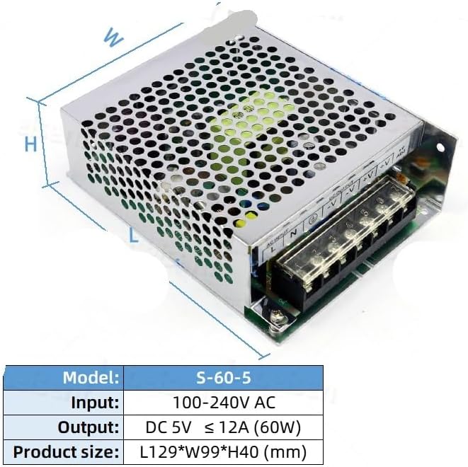 Switching Power Supply Aluminum Shell 100-240V AC to DC 5V 60W 12A LED Driver - Image 2
