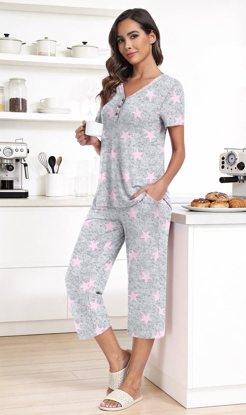 Anyally Women's Pajama Set Plus Size Short Sleeve Top and Sleepwear Pants 2 Piece Lounge Sets Summer Ladies Pjs Sets with Pockets, XL Star Grey - Image 3