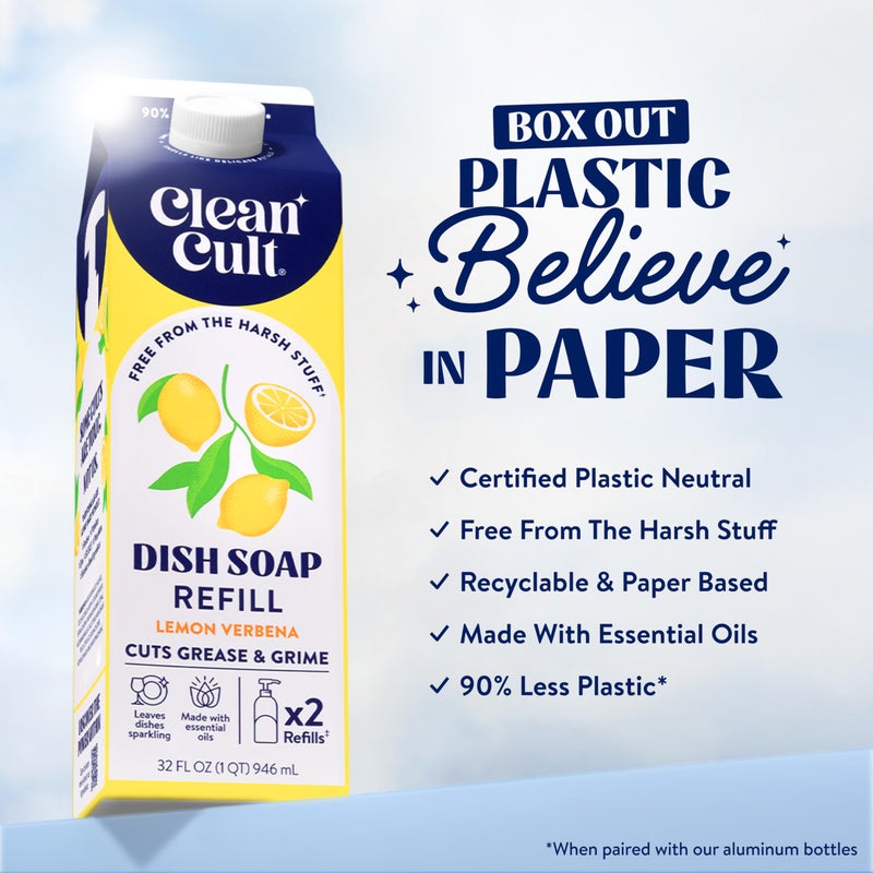 Cleancult Dish Soap Liquid Refill (32oz, 1 Pack) - Plant Based Cleaning Power - Dish Soap that Cuts Grease & Grime - Free of Harsh Chemicals - Uses 90% Less Plastic - Lemon Verbena - Image 2
