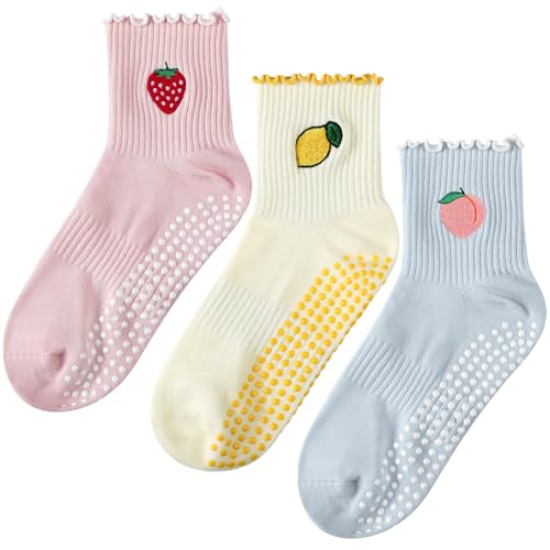 Simlakey 3 Pairs Cute Pilates Socks with Grips for Women Ruffle Nonslip Yoga Socks Pilates Gift Barre Workout GymMulticolorFruity - Image 1