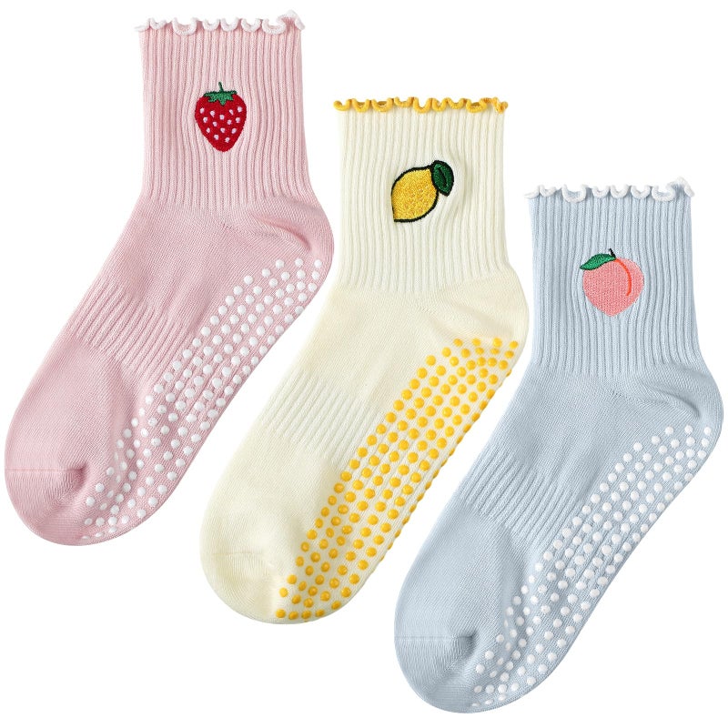 Simlakey 3 Pairs Cute Pilates Socks with Grips for Women Ruffle Nonslip Yoga Socks Pilates Gift Barre Workout GymMulticolorFruity - Image 2