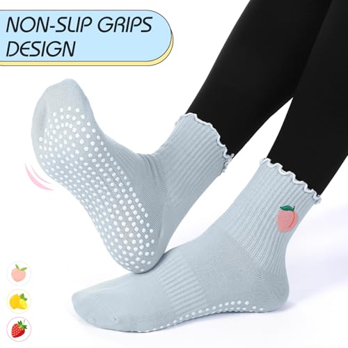 Simlakey 3 Pairs Cute Pilates Socks with Grips for Women Ruffle Nonslip Yoga Socks Pilates Gift Barre Workout GymMulticolorFruity - Image 3