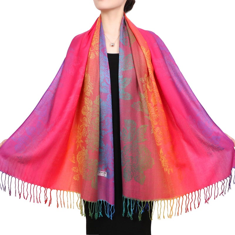 Neelamvar شال نسائي من نيلامفار مزخرف بألوان زاهية من القطن بوشمينا مع خيوط مزخرفة 75" × 27.5" (THM08-03) - Image 5
