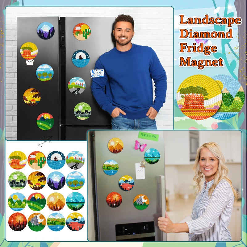 Saysurey 16 Pcs Diamond Art Magnet Kits Diamond Painting Magnets DIY for Adults Crafts Refrigerator Painting Stickers Kits for Gifts Home Decor(Landscape) - Image 5