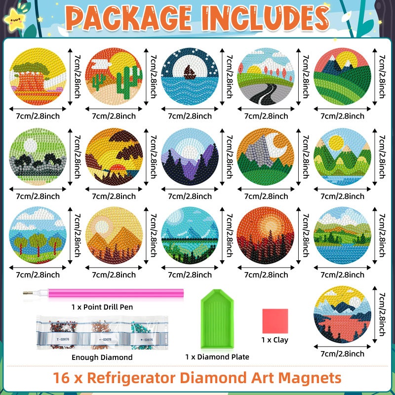 Saysurey 16 Pcs Diamond Art Magnet Kits Diamond Painting Magnets DIY for Adults Crafts Refrigerator Painting Stickers Kits for Gifts Home Decor(Landscape) - Image 2