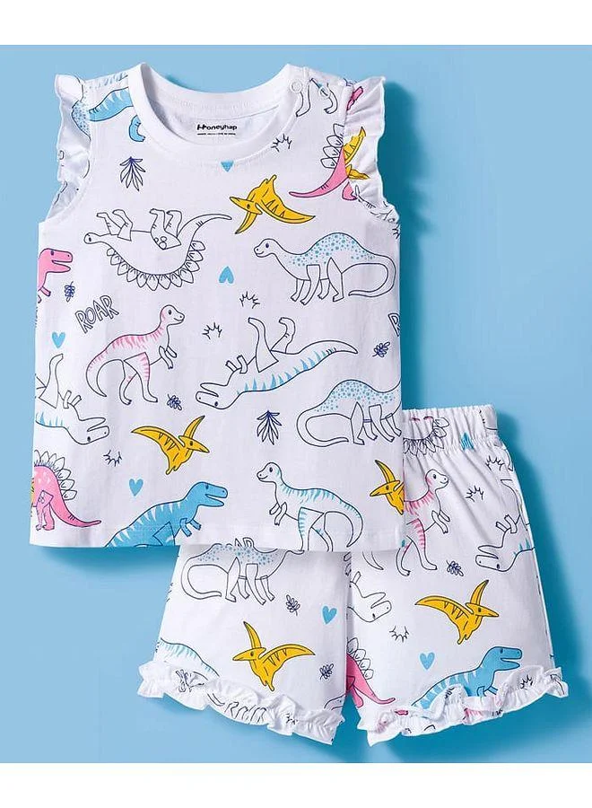 Honeyhap Honeyhap Premium 100% Cotton Knit Sleeveless Short Night Suit With Bio Finish & Dino Print - White