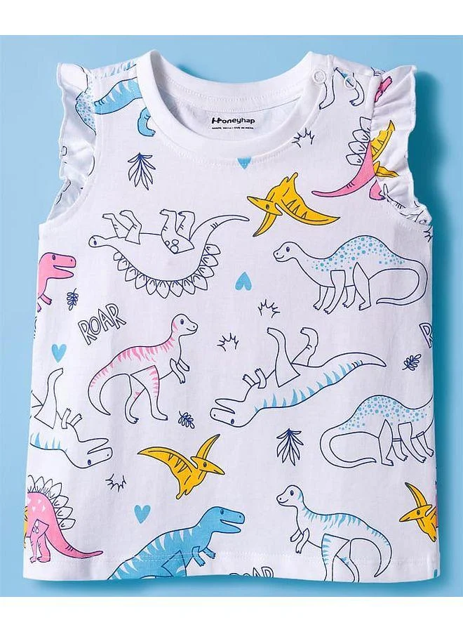 Honeyhap Honeyhap Premium 100% Cotton Knit Sleeveless Short Night Suit With Bio Finish & Dino Print - White