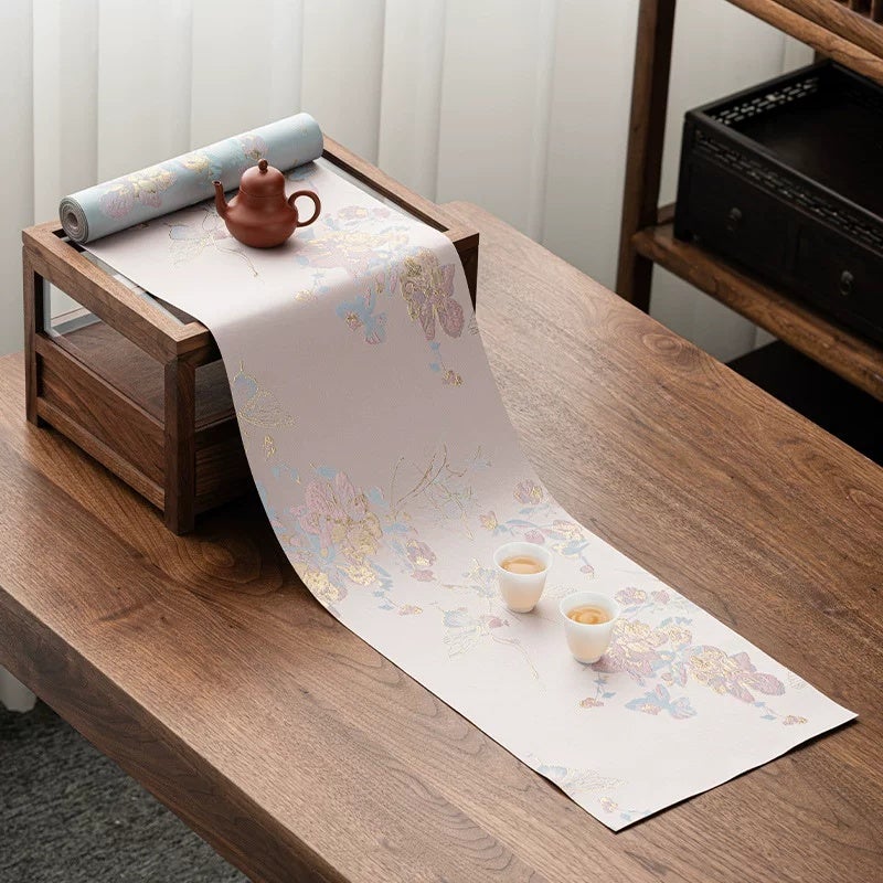 Embossed woven gold double-sided tea mat waterproof double-layer dry brewing mat pink new table flag exquisite long Chinese tea table mat - Image 2