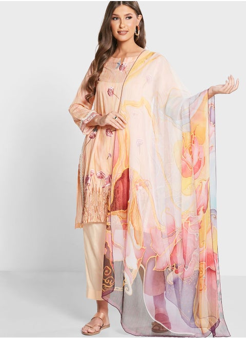 Printed Kurti & Pants With Dupatta