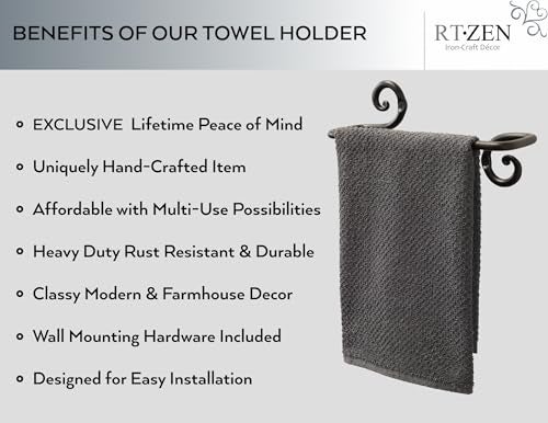 RTZEN Matte Black Hand Towel Holder for Bathroom - Handcrafted Farmhouse Wrought Iron Metal Kitchen Bar - Small Hand Towel Bar Hanger for Home or Office - Wall Mounted Rack Fits 10" Towels - Image 2