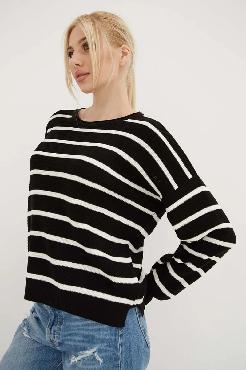 Fashion Friends Regular Fit Crew Neck Striped Knitwear Sweater Women's Sweater 24K0477K1