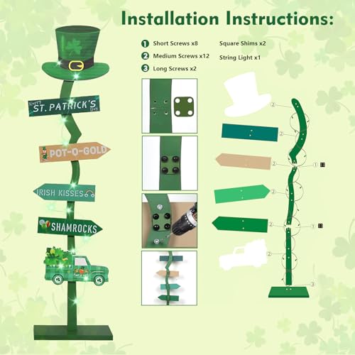 LETUBUYU 43.8" Lighted Wooden St. Patrick's Day Porch Sign Leprechaun Hat Shamrock Irish Train Standing Signs with Base for Indoor Outdoor Yard Decor - Image 5