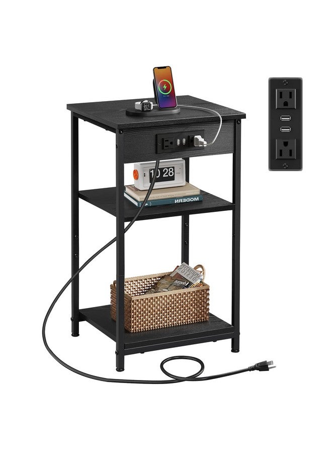 WLIVE Black End Table with Charging Station, Slim Night Stand with 3 Storage Shelves, Small Side Tables for Small Spaces, Bedside Tables for Living Room, Bedroom - Image 1