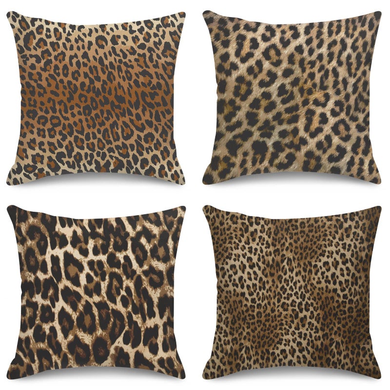 Sanwarm Throw Pillow Covers Home Decor Set of 4 Pillow Cases Decorative 18 x 18 Inches Cushion Couch Sofa Pillowcases Leopard Work African Animal Black