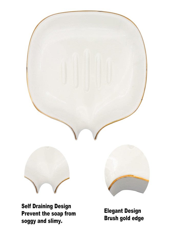 Polyroyal White Soap Dish Ceramic Self Draining Soap Dish Waterfall Slot Gold Edge Bathroom Accessories for Bathroom, Kitchen,Bar Counter - Image 2