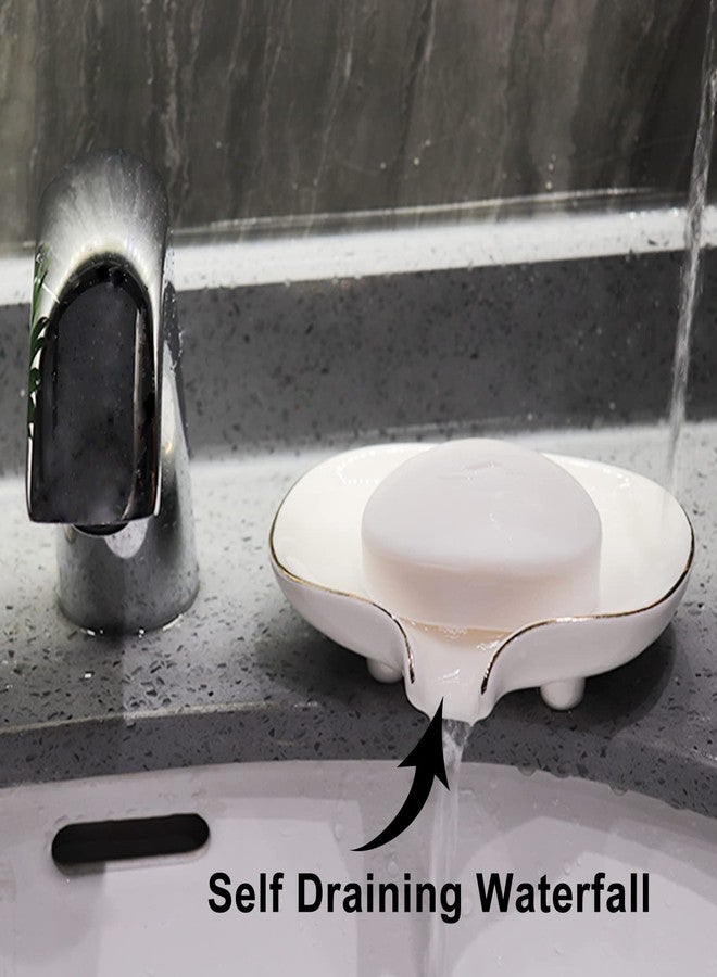 Polyroyal White Soap Dish Ceramic Self Draining Soap Dish Waterfall Slot Gold Edge Bathroom Accessories for Bathroom, Kitchen,Bar Counter - Image 3