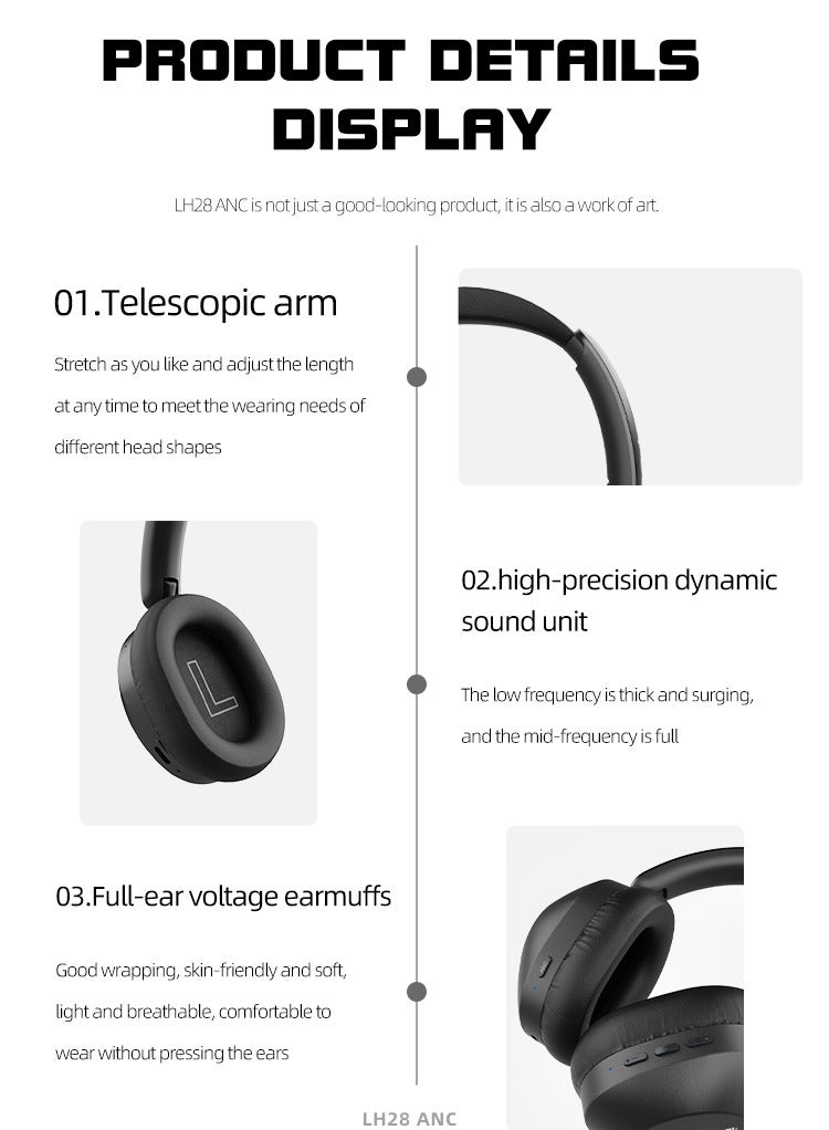 LENYES LH28 ANC Adaptive Active Noise Cancelling Headphones, 2X Stronger Human Voice Reduction, 60H ANC Playtime, App Control, LDAC Hi-Res Wireless Audio, Comfortable Fit, Bluetooth 5.4 - Black - Image 2