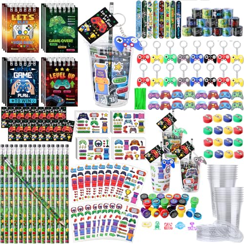RoundFunny 133 Pcs Video Game Party Favors Gamer Birthday Party Decorations Gamer Cups Notebook Pencils Sharpener Keychain Slap Bracelets Ring Stamp Sticker for Gaming Supplies Reward Gift - Image 1
