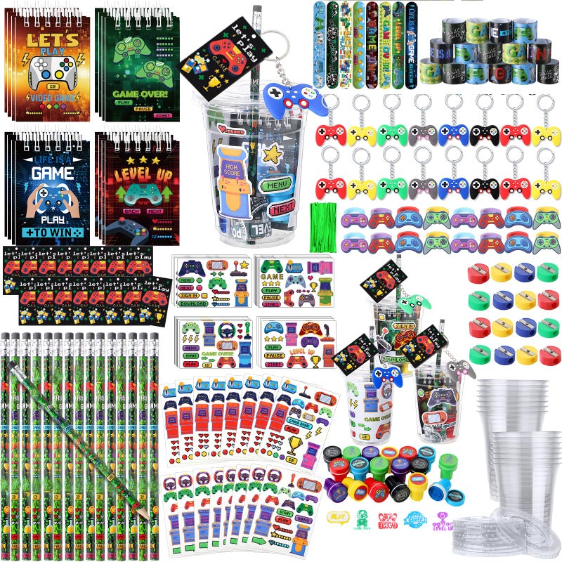 RoundFunny 133 Pcs Video Game Party Favors Gamer Birthday Party Decorations Gamer Cups Notebook Pencils Sharpener Keychain Slap Bracelets Ring Stamp Sticker for Gaming Supplies Reward Gift - Image 3
