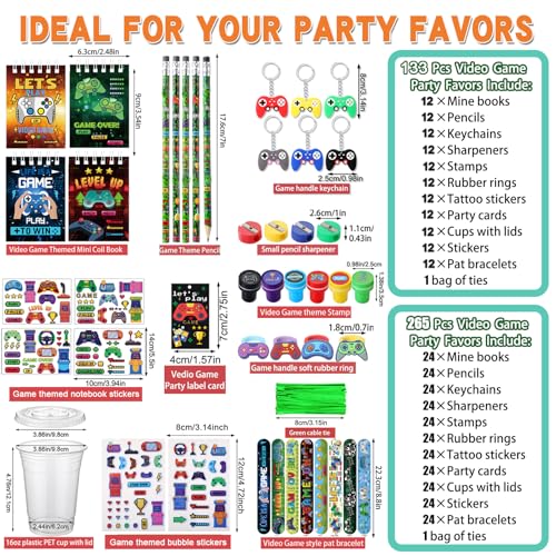 RoundFunny 133 Pcs Video Game Party Favors Gamer Birthday Party Decorations Gamer Cups Notebook Pencils Sharpener Keychain Slap Bracelets Ring Stamp Sticker for Gaming Supplies Reward Gift - Image 5