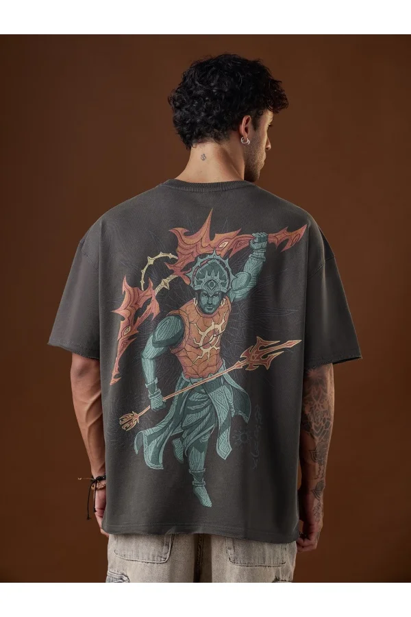 The Souled Store Dark Grey The Souled Store Men Mythology Suryaputra Graphic Printed Dark Grey Oversized T-Shirts for Men | Best Price UAE