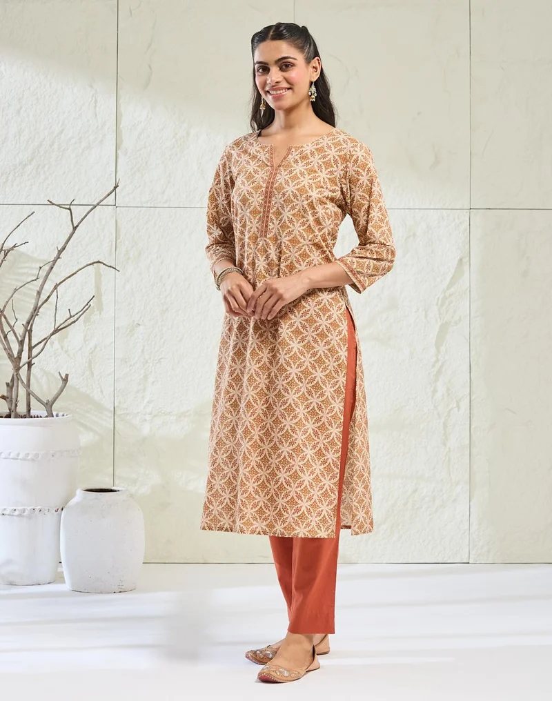 Fabindia  Avni Natural Cotton Printed Kurta & Pant Set for Women | Best Price UAE