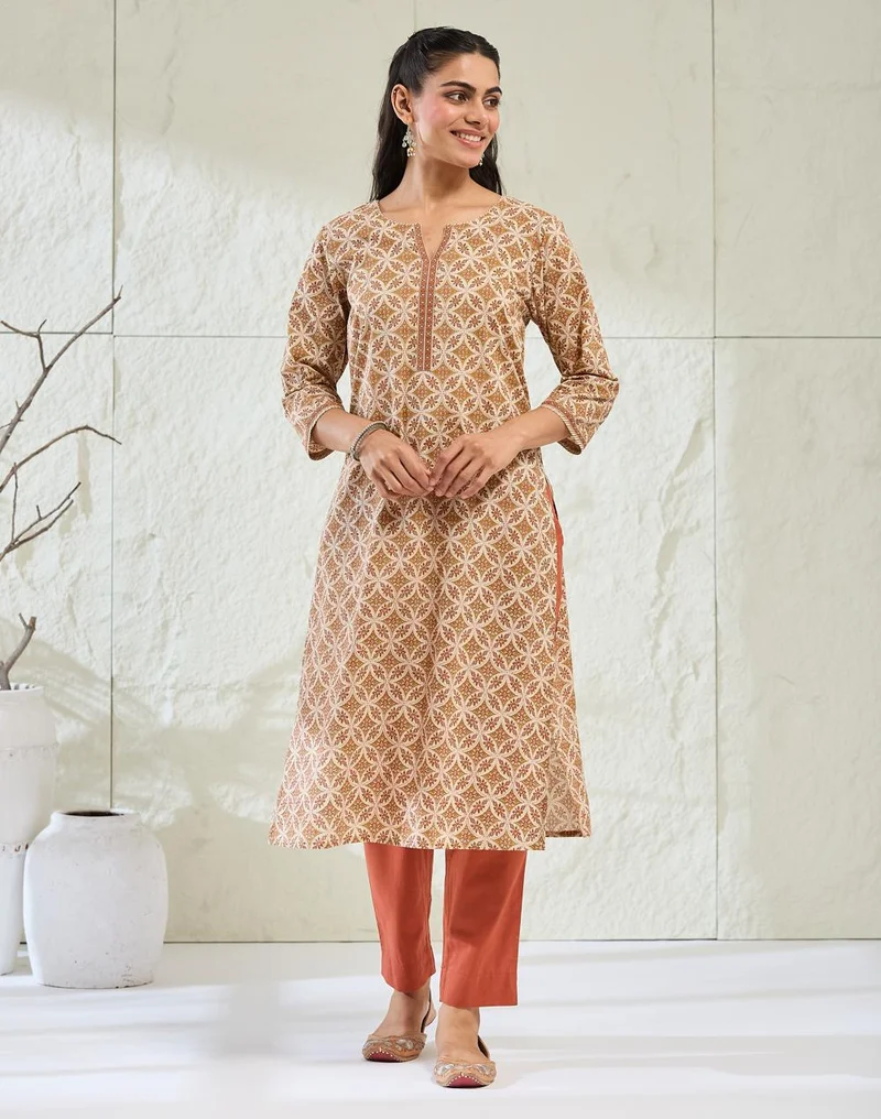Fabindia  Avni Natural Cotton Printed Kurta & Pant Set for Women | Best Price UAE