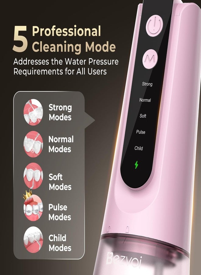 Bezvoi Portable Water Flosser for Teeth: Gum-Sensitive Friendly, Dual-Gear Motor Technology Irrigator Dental Pick with 5 Modes for Braces & Orthodontic, IPX7 Waterproof, Cordless for Travel, Pink - Image 3