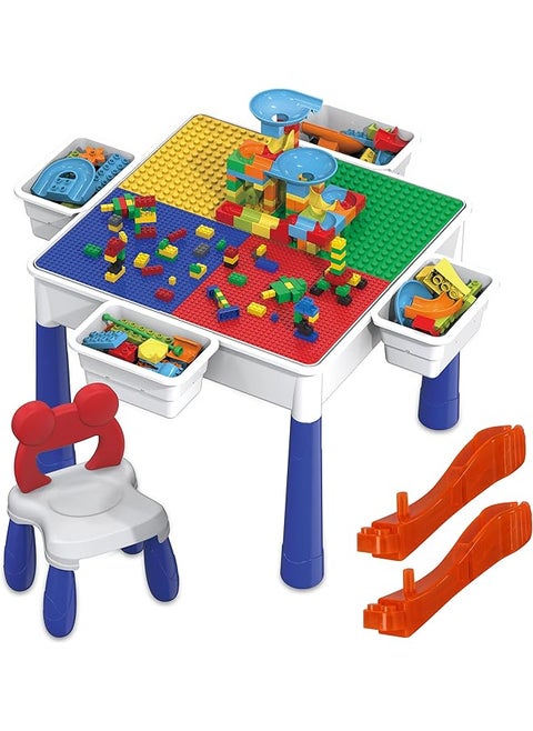 Kids Multi Activity Table Storage Bin And Chair Set Combo 581 Pcs Building Block With Marble Run Play Table Compatible With Building Bricks Blocks Stem Toy For Boys And Girls Ages 3 Plus