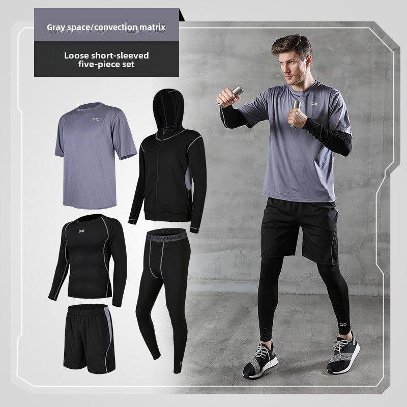 Generic Mens Fitness Tight Suit Basketball Gym Training Summer Set Grey-loose short-sleeved five-piece set