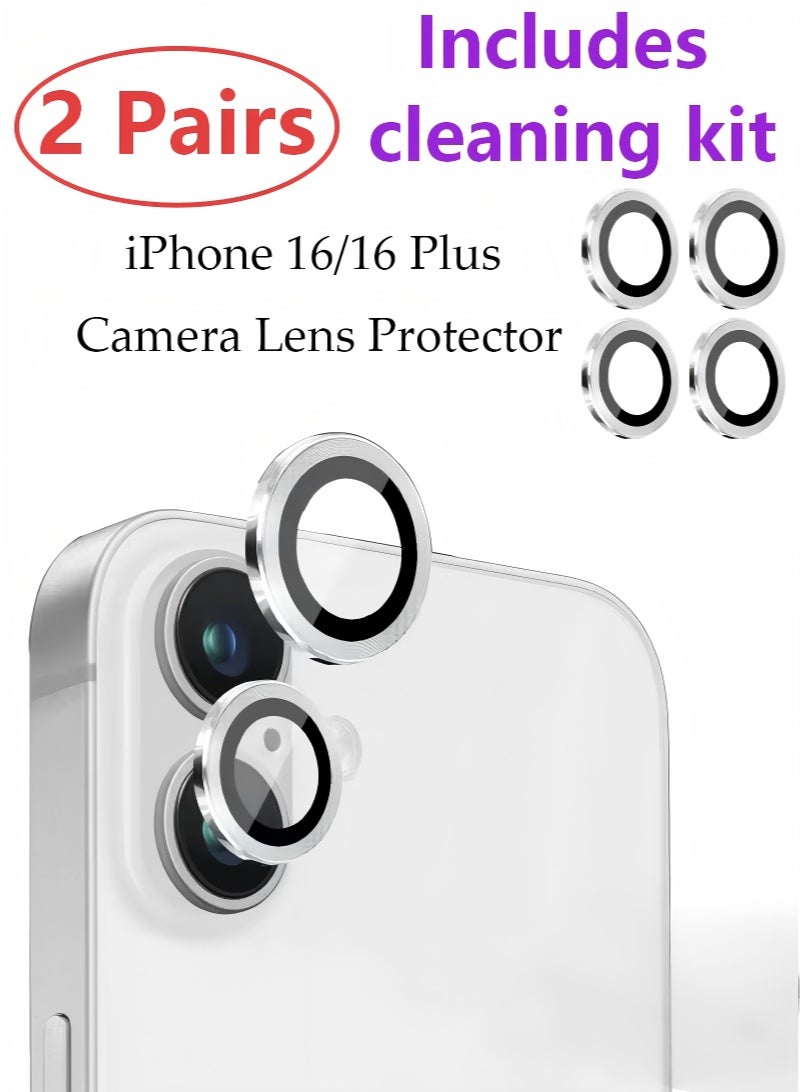 Camera Lens Protector for iPhone 16 and iPhone 16 Plus , 9H Tempered Glass Metal Individual Ring Cover, HD Clear, 2 Pairs Silvery Titanium - Image 1