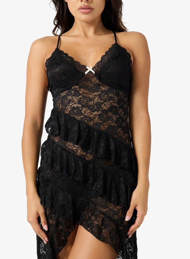 Ella  Lace Night Dress With Aysmmetrical Ruffles for Women | Best Price UAE