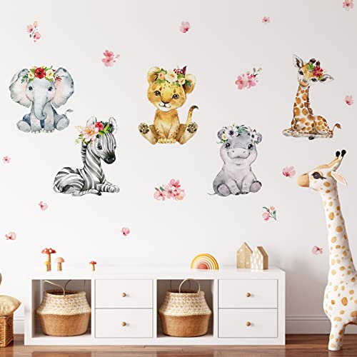 Mfault Girls Safari Jungle Baby Animals Wall Decals Stickers, African Elephant Zebra Giraffe Seahorse Lion Kids Room Nursery Decor, Watercolor Flower Decorations Toddler Bedroom Playroom Art Gift - Image 3